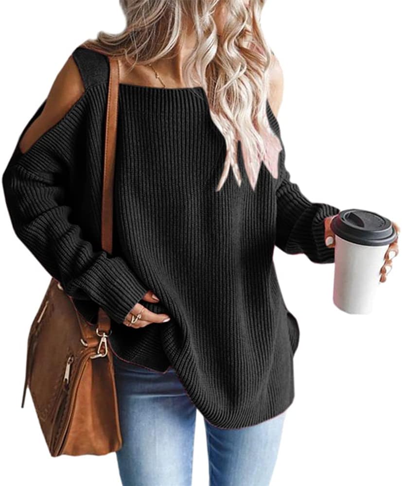 MaQiYa Women's Cold Shoulder Oversized Sweaters Batwing Long Sleeve Square Neck Chunky Knit Fall Tunic Sweater Tops