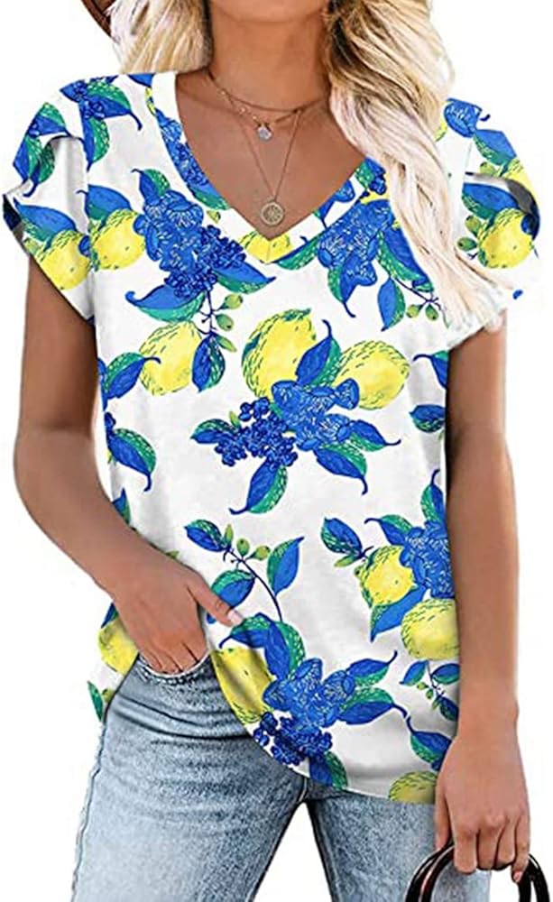 Womens Summer Tops Short Sleeve V Neck T Shirts Tee Petal Sleeve Tunic S-XXL