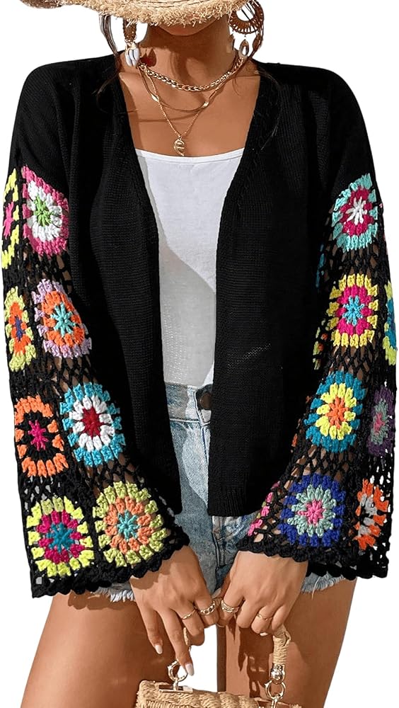 COZYEASE Women's Floral Crochet Long Sleeve Drop Shoulder Open Front Cardigan Sweater