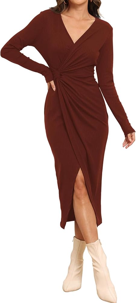 Hount Women's 2023 Fall V Neck Long Sleeve Sweater Dress Casual Ribbed Knit Bodycon Midi Cocktail Dress with Slit