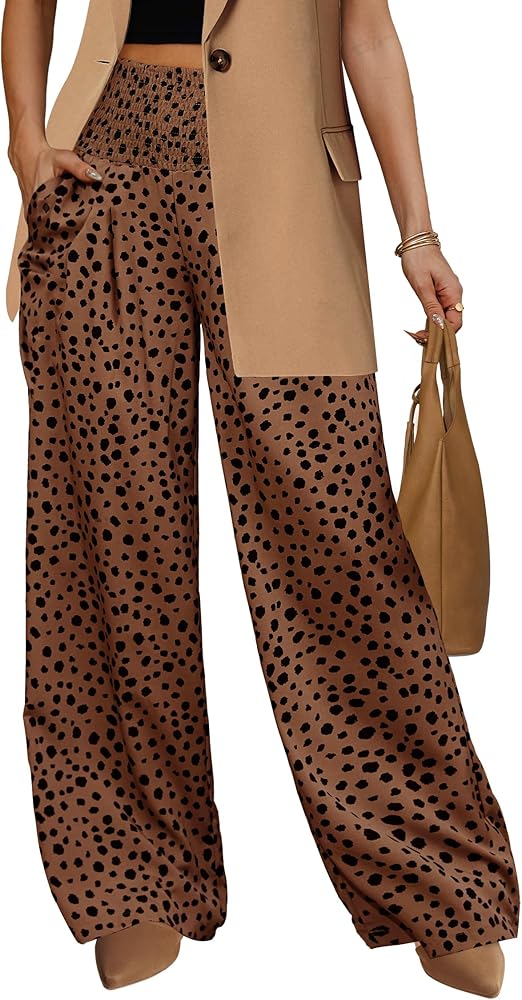 Women's Summer Leopard Print Smocked Wide Leg Pants/Lounge Trousers Oceanside Palazzo with Pockets