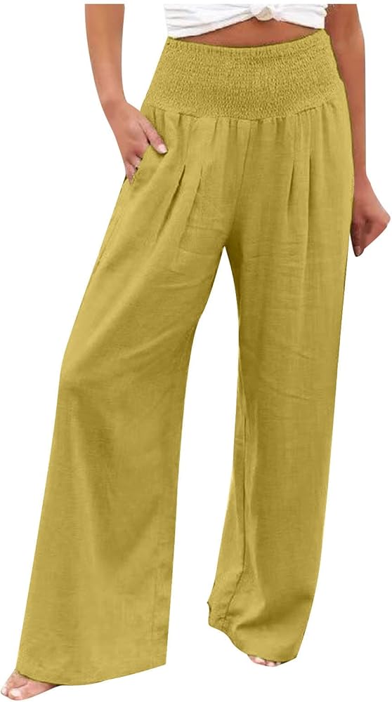 Women Summer Smocked Cotton Linen Palazzo Pants High Waisted Wide Leg Lounge Pant Boho Trousers Joggers with Pockets