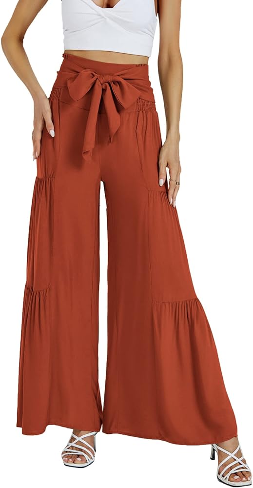 LYANER Women's Casual Tie Front Smocked High Waist Wide Leg Pleated Palazzo Lounge Pant