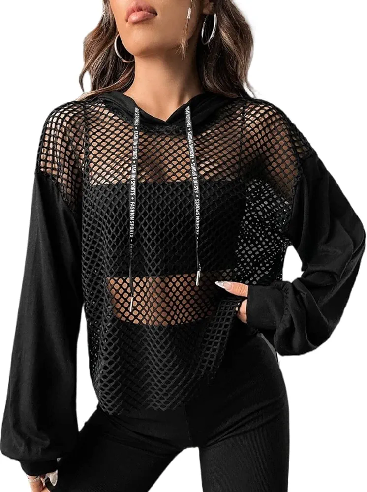 Sweatshirtw for Women - Drop Shoulder Drawstring Mesh Hoodie Without Cami Top (Color : Black, Size : Medium)