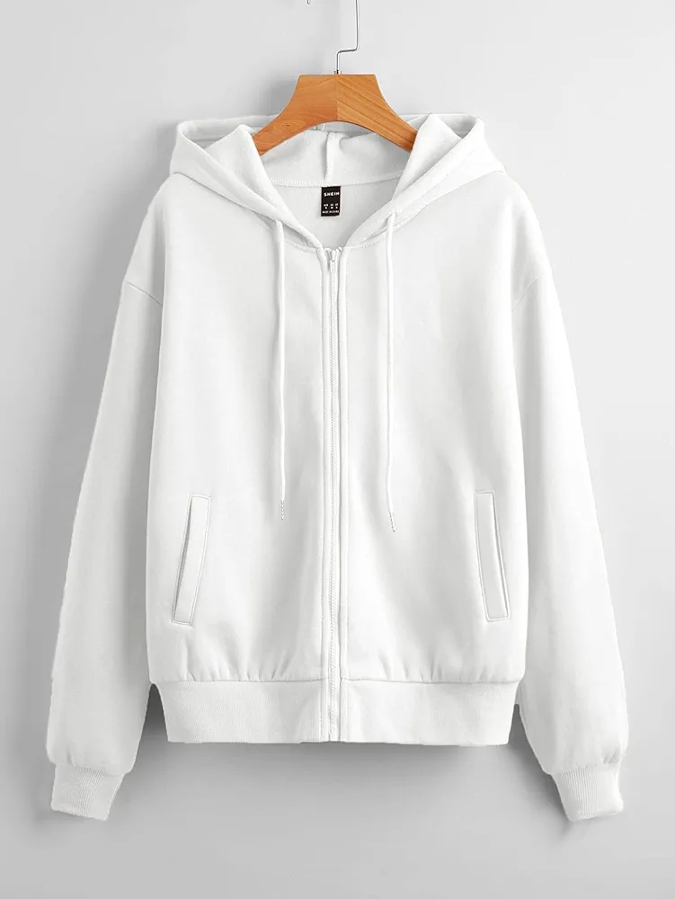 Sweatshirtw for Women - Drop Shoulder Solid Zip Up Hoodie (Color : White, Size : Large)