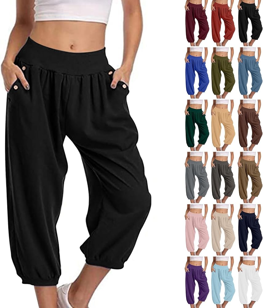 Capri Pants for Women 2024 Trendy Casual Workout Cropped Elastic Waist Trousers Lightweight Loose Pant with Pockets