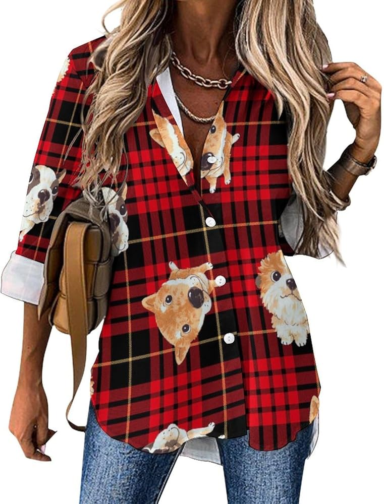 Dog on Buffalo Plaid Classic Shirts for Women Long Sleeve Blouse Casual V Neck Tee Tops Work Office