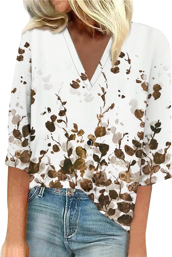 Tops for Women 3/4 Sleeve Shirts Lace V Neck Dressy Tops Trendy Summer Floral Blouses, Small-8X-Large