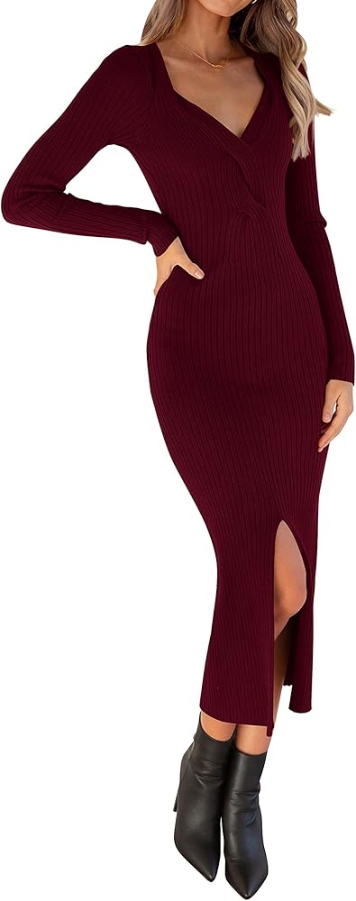 MASCOMODA Women's V Neck Long Sleeve Midi Sweater Dress 2024 Fall Causal Sexy Side Slit Knit Ribbed Bodycon Dresses