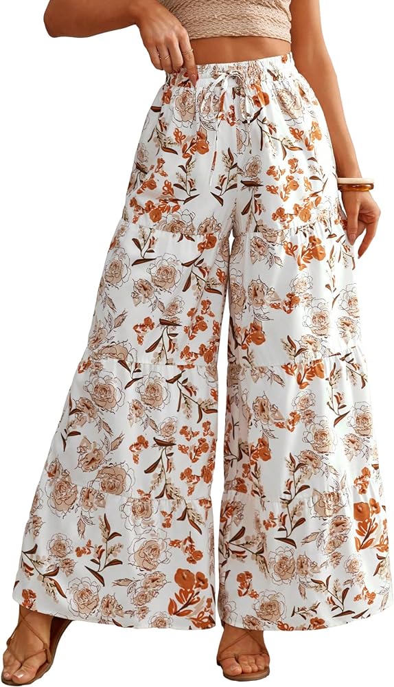 Women's Floral Print Elastic High Waist Ruffle Hem Pants Boho Tie Front Loose Wide Leg Pants Trousers