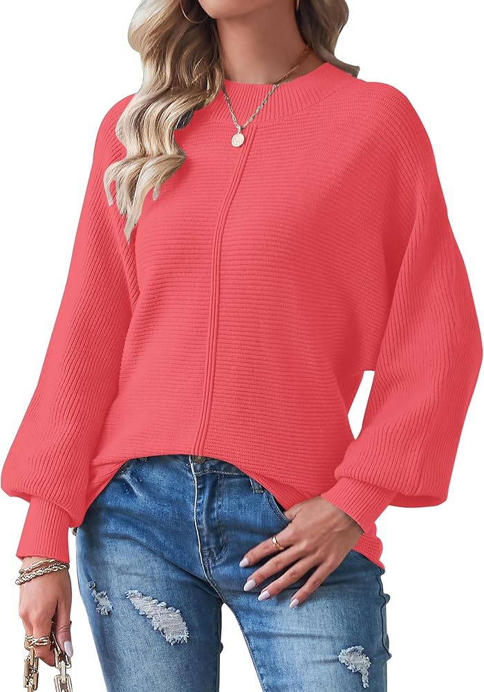 TECREW Women's Batwing Long Sleeve Crew Neck Pullover Sweater Soft Ribbed Knit Sweater Top