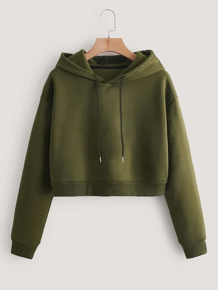 Women's Sweatshirt Sweatshirts Hoodies Solid Drawstring Crop Thermal Lined Hoodie Warmth Beautiful Lovely Fashionable (Color : Army Green, Size : Large)