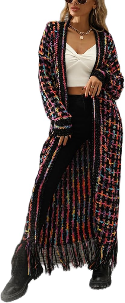 Perbai Womens Boho Cardigan Sweater Open Front Fringed Tassels Aztec Maxi Cardigan Jacket