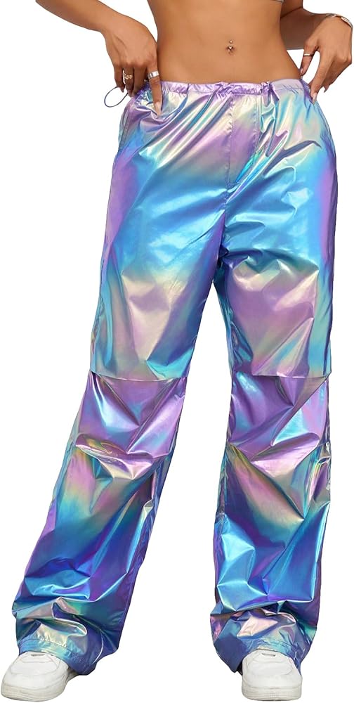 Floerns Women's Sparkly Metallic Drawstrin Waist Parachute Loose Baggy Cargo Pants