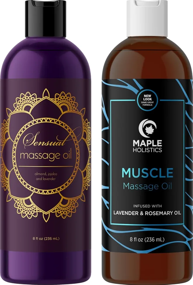 2 Massage Oils for Massage Therapy - Maple Holistics Massage Oil Kit with Aromatherapy Lavender Massage Oil for Couples plus Muscle Massage Oil Made with Pure Essential Oils for Full Body Relief