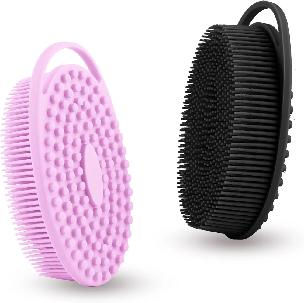 Soft Silicone Body Shower， Exfoliating Silicone Body Scrubber, Silicone Loofah 2 in 1 Bath and Shampoo Brush, Body Scrubber Shower Easy to Clean for Sensitive Skin, Lather Well 2 PCS Black and Purple