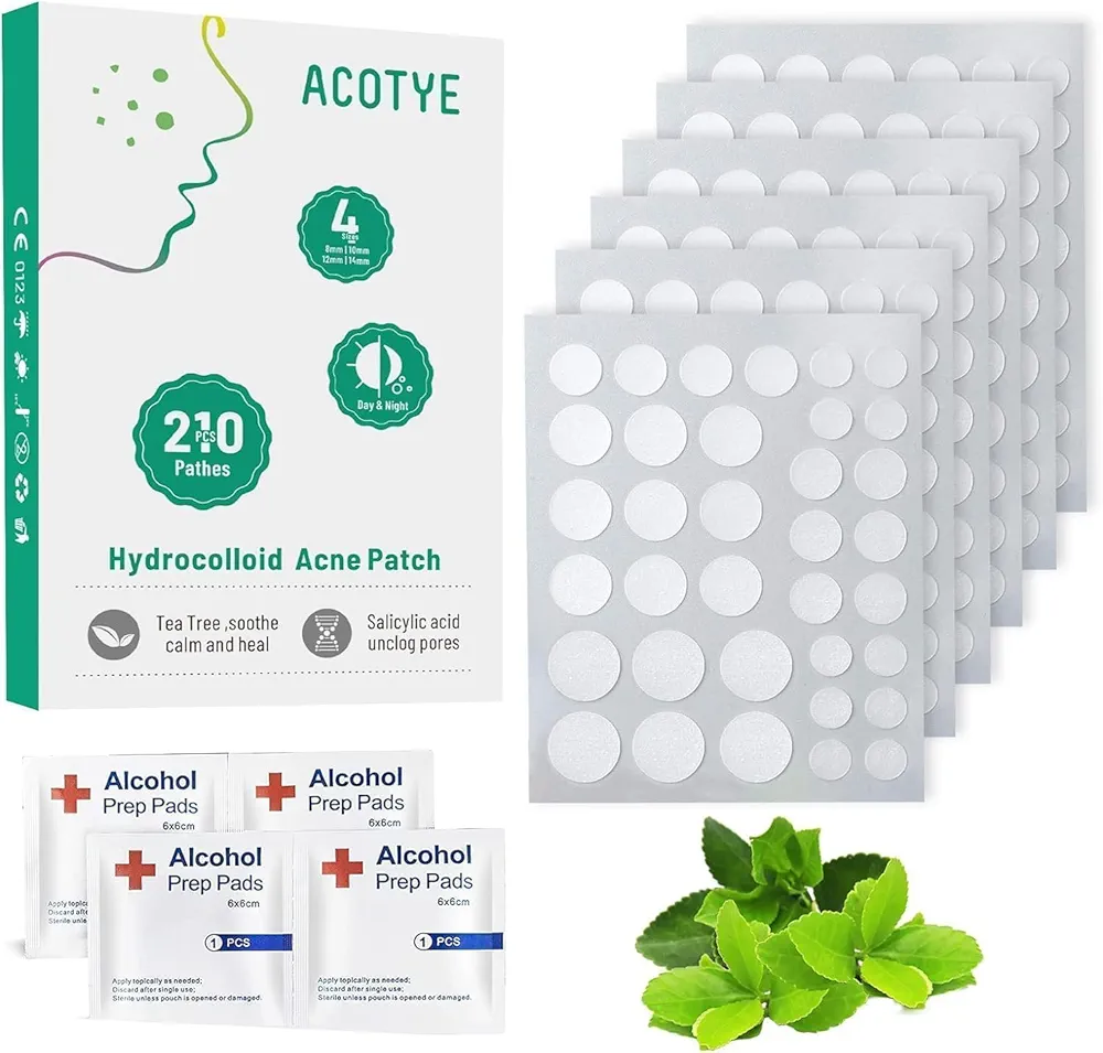 Acotye Pimple Patches for Face 4 Size 210 counts Acne Patches Tea Tree Oil, Salicylic Acid, Hydrocolloid patch, Zit patches for Day and Night Use