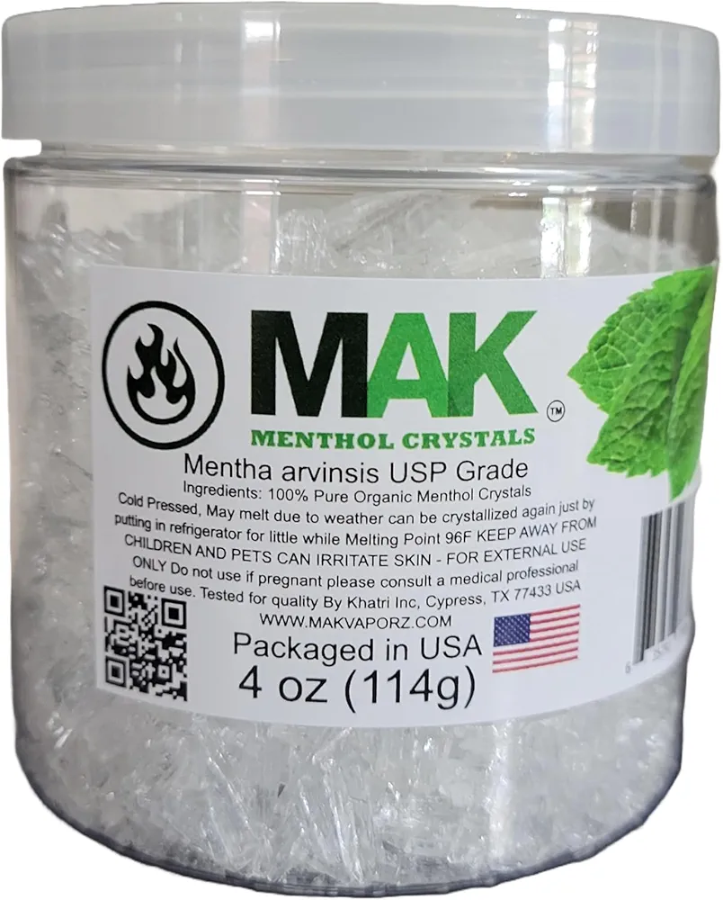 MAK Menthol Crystals 4 oz - Pure Organic 100% Natural - Menthol Crystals from Mint Crystal Mints Mentha Arvensis - Comes in a Jar for Long-Lasting Freshness