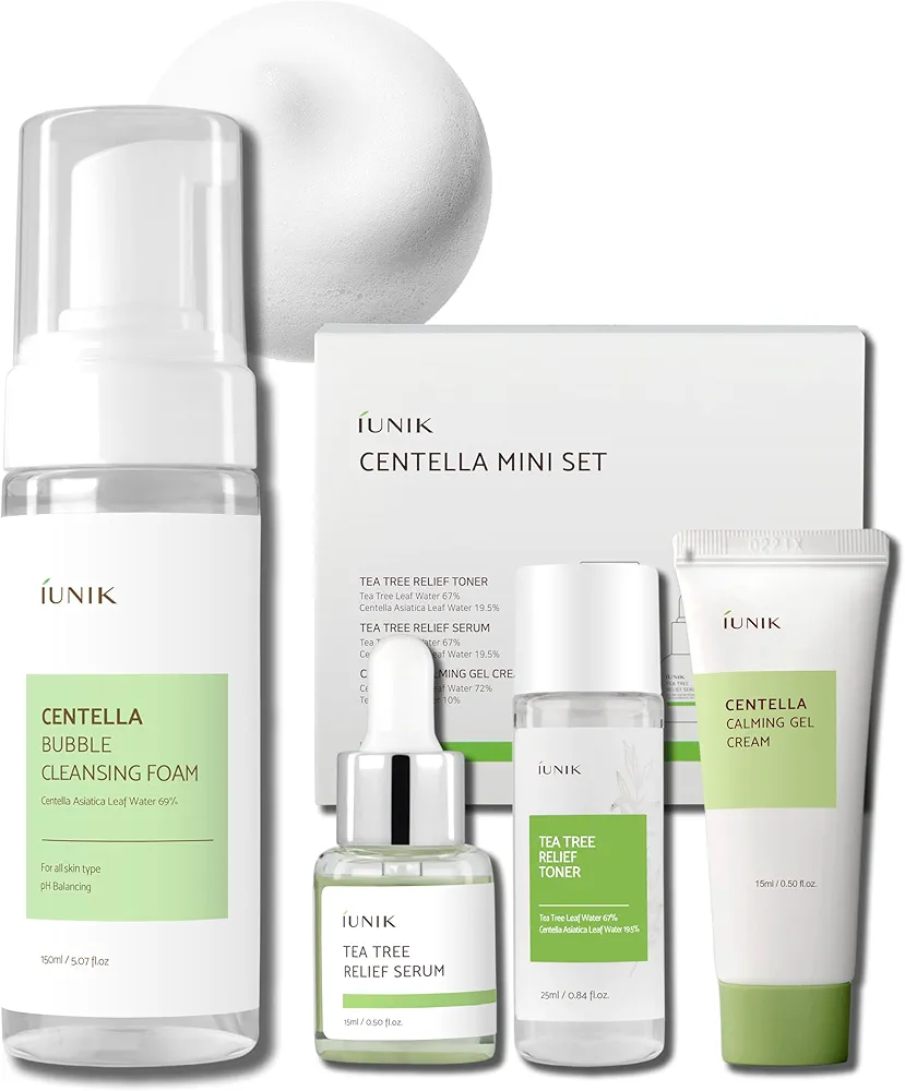 IUNIK Centella Mini Set, Travel Friendly Skincare Set, Ultra calming and hydrating for sensitive skin: Tea Tree Relief Toner,Serum, Centella Calming Gel with Foam Cleanser