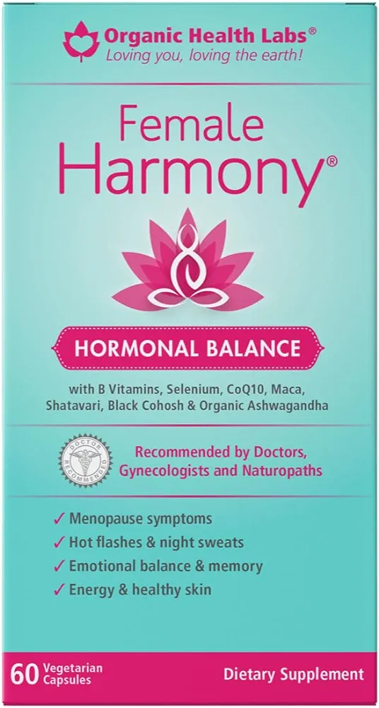 Organic Health Labs Female Harmony Hormonal Balance, Helps Eases Fatigue, Night Sweats, Hot Flashes and Mood Swings, Natural Menopausal Support for Women, 60 Veggie Capsules