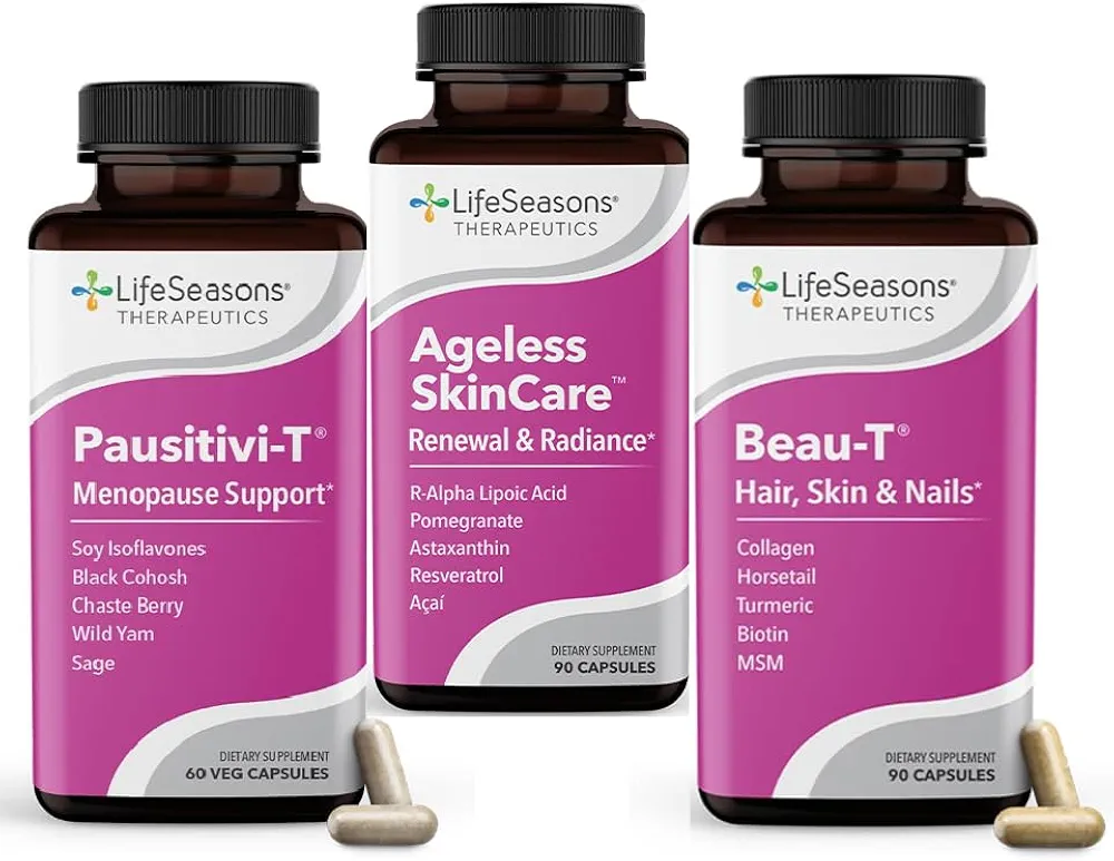 LifeSeasons Pausitivi-T with Beau-T & Ageless Skincare - Menopause Support Supplement - Relief for Hot Flashes, Hormone Imbalance & Night Sweats - Sage, Chasteberry, Soy Isoflavones & Black Cohosh