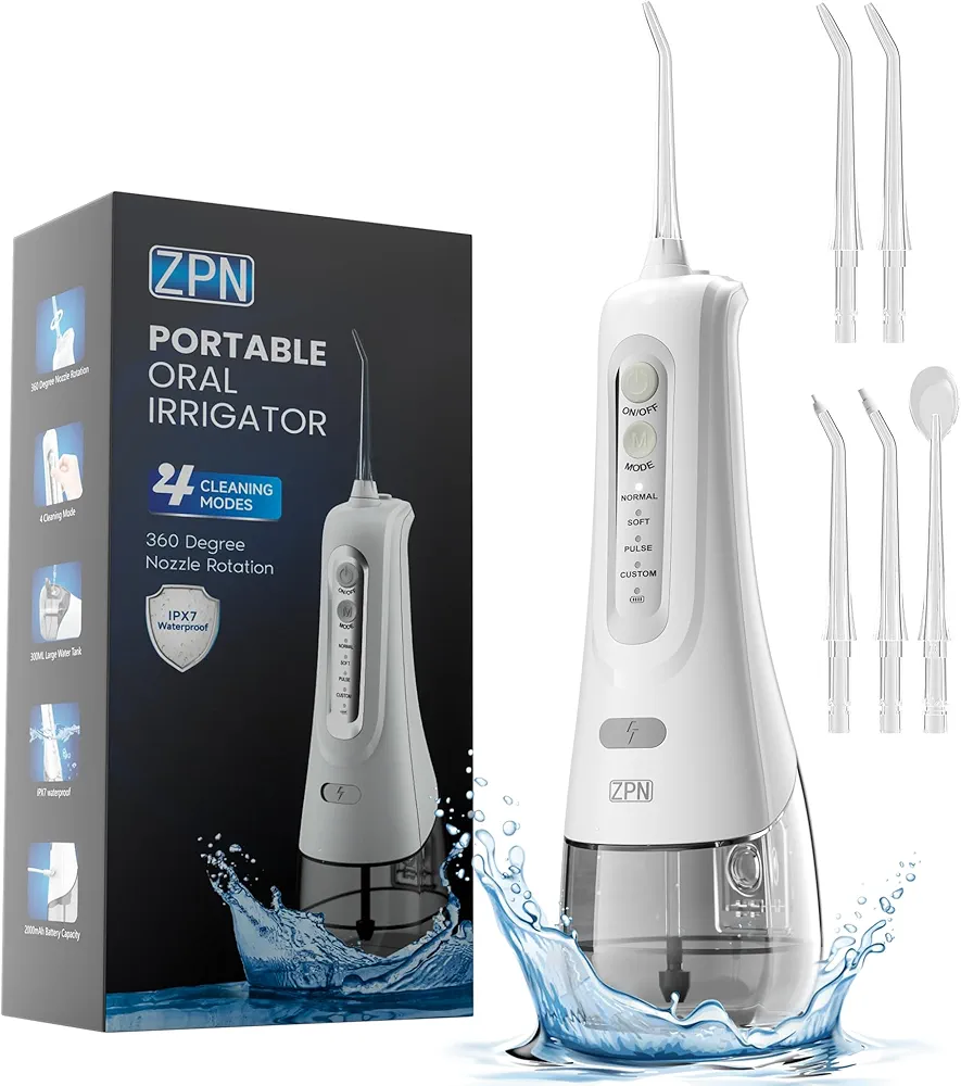 ZPN Water Dental Flosser Cordless for Teeth Cleaning，with 4 Modes Oral Irrigator, 5 Replaceable Jet Tips, Portable and Rechargeable IPX7 Waterproof Teeth Cleaner for Home and Travel (White)