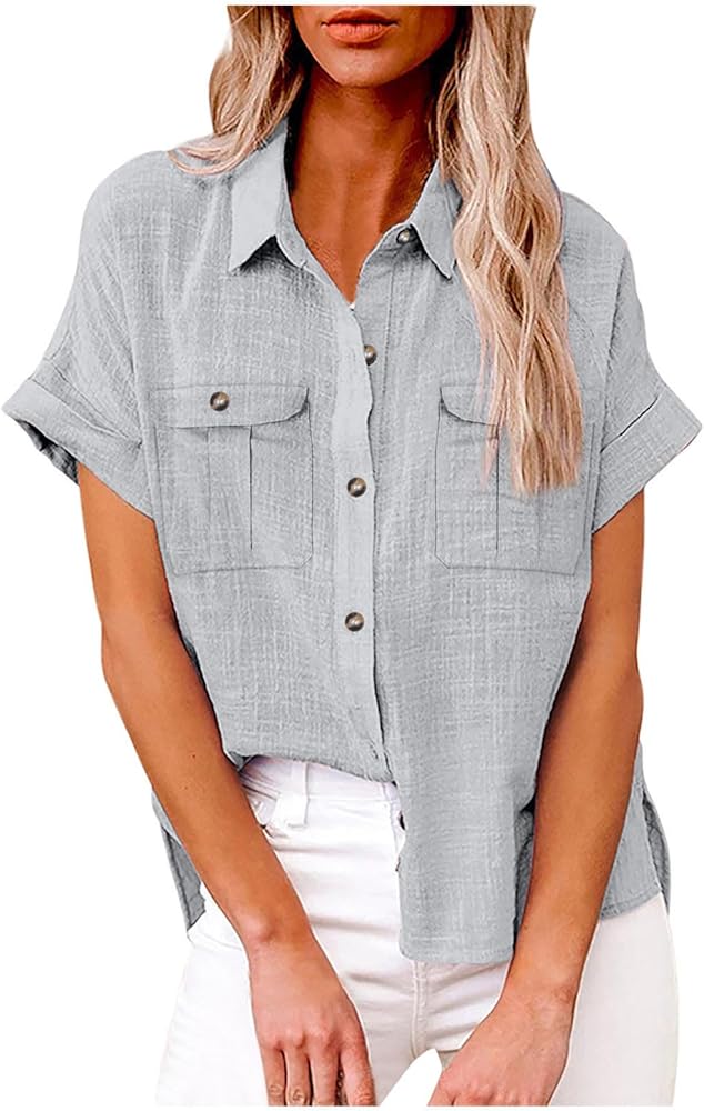 Women Cotton Linen Shirts Button Down Blouse with 2 Chest Pocket Oversized Casual Solid Tops Loose Tshirts