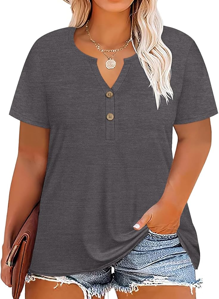 RITERA Plus Size Tops for Women V Neck Button Up Short Sleeve Henley Tshirt Casual Blouse Pullover Basic 12W 14W XL-5XL