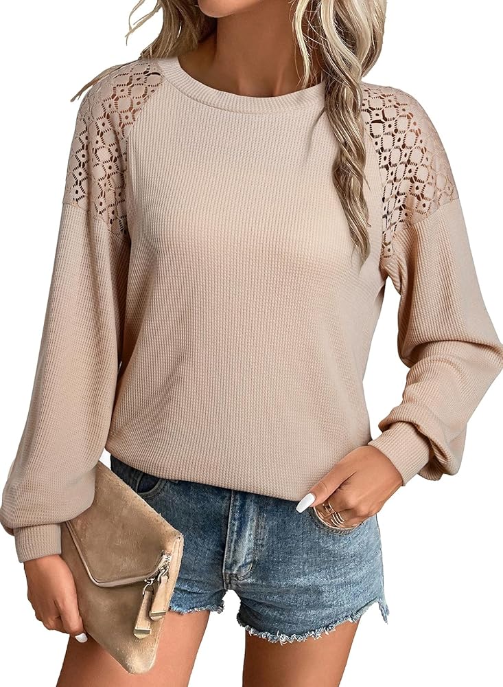 EVALESS Womens Long Sleeve Tops Dressy Casual Crewneck Waffle Knit Lace Patchwork T Shirts for Women Loose Fit Blouses