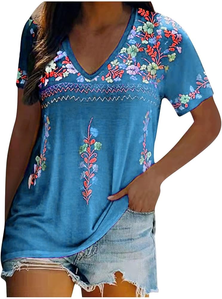 Women's Vintage Mexican Embroidered Shirts Boho Ethnic Style Print Tops Blouses Short Sleeve Summer Tees Tunic Top