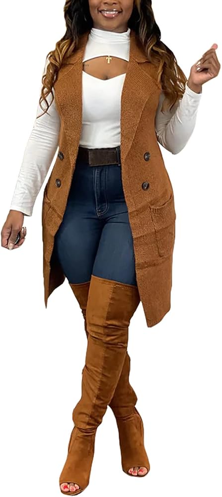 Womens Sleeveless Long Sweater Vest Fall Open Front Knit Cardigan Waistcoat with Pockets