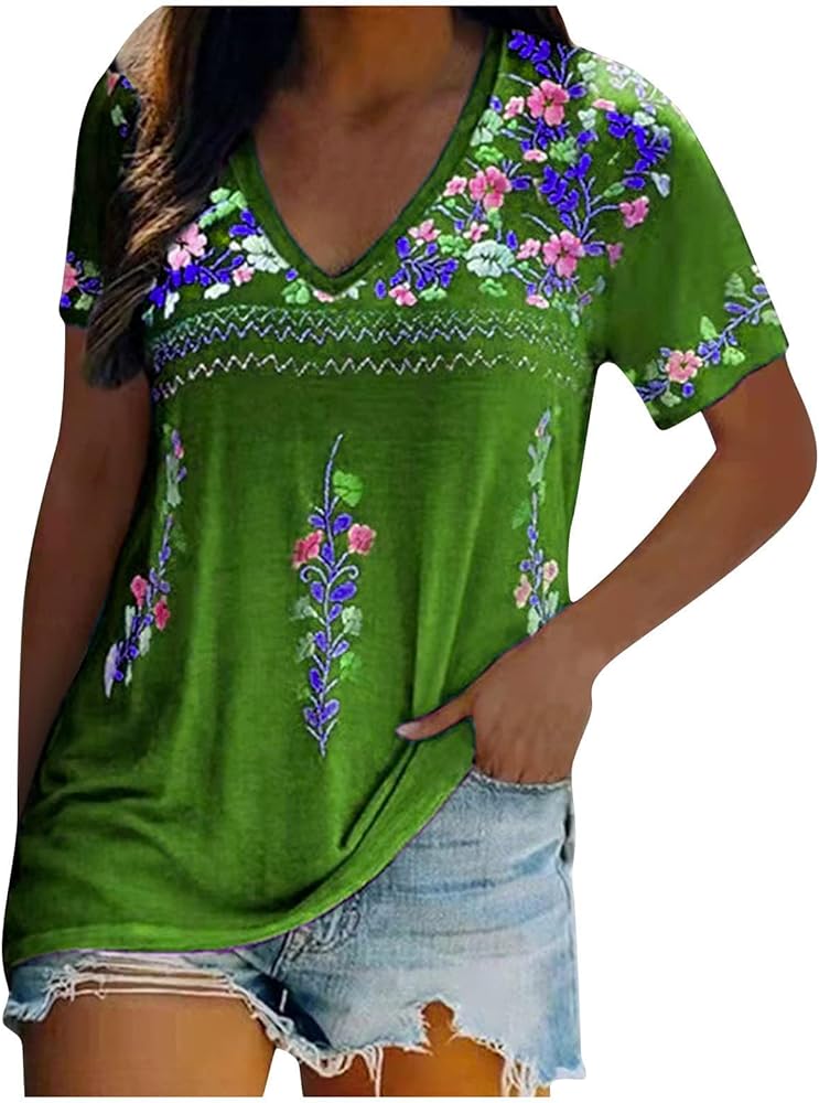 Women's Embroidered Tops Mexican Print Shirt V Neck Summer Casual Top Short Sleeve Tunic Tees Loose Blouses