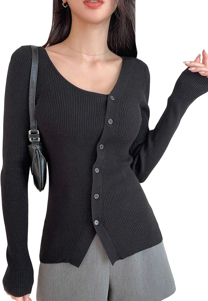 COZYEASE Women's Knit Cardigan Button Front Asymmetrical Neck Y2k Cardigan Sweater