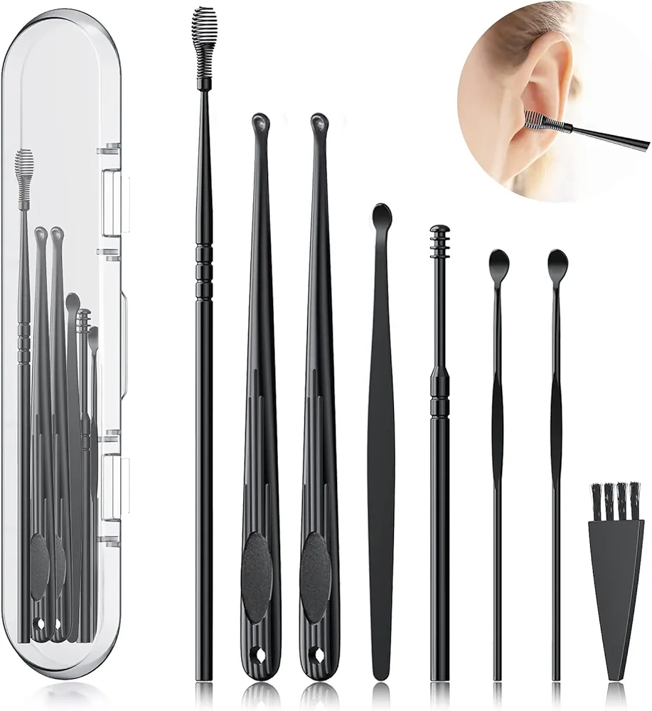 Ear Wax Removal, Earwax Removal Kit with 7 Pcs Ear Pick, Ear Cleansing Tool Set, Ear Wax Remover Kit with Cleaning Brush & Storage Box (Black)