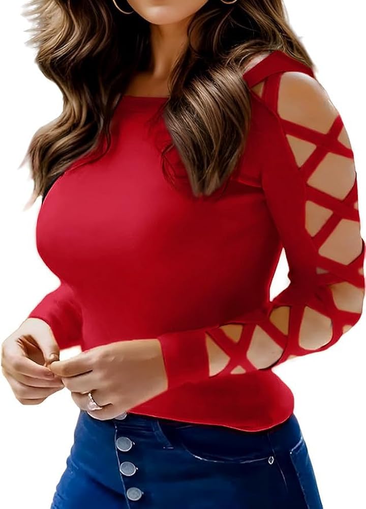 Women's Sexy Criss-Cross Long Sleeve Blouse Cut Out Cold Shoulder Tops Hollow Out Dressy Casual Basic Shirts