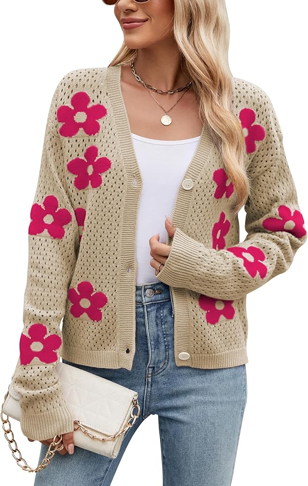 Women Crochet Cropped Cardigan Sweaters Lightweight Button Down V Neck Cardigan Flower Knit Open Front Cute Outfits Fall