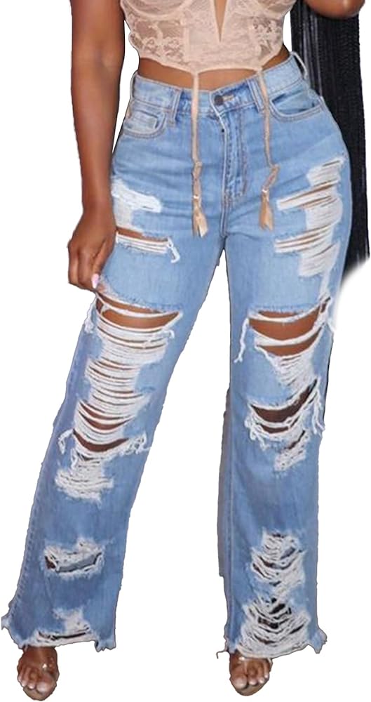 Sexyshine Women's High Waist Straight Leg Ripped Jeans Baggy Loose Distressed Cutout Raw Hem Long Denim Pants