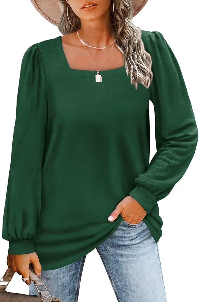 WIHOLL Tunic Tops for Women Loose Fit Long Sleeve Shirts Square Neck Tops