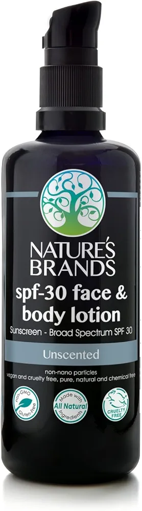 Natural SPF-30 Face & Body Lotion by Herbal Choice Mari (Unscented, 3.4 Fl Oz Glass Bottle) - Made with Organic Ingredients - No Toxic Synthetic Chemicals - TSA-Approved Travel Size