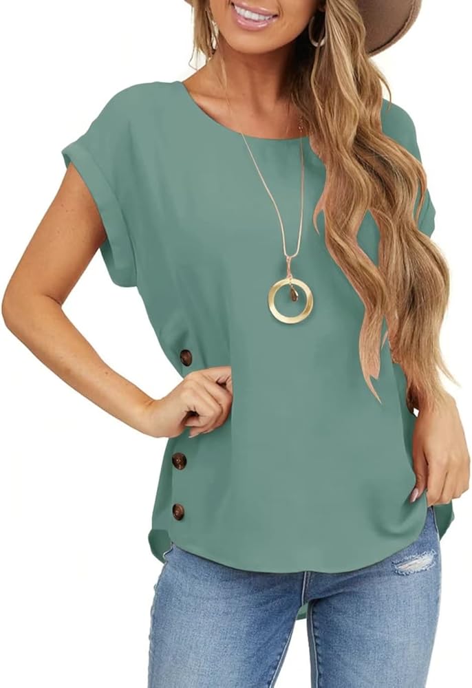 Limerose Women's Short Sleeve Tops Crew Neck Side Button Shirts Casual Loose Fit T-Shirt