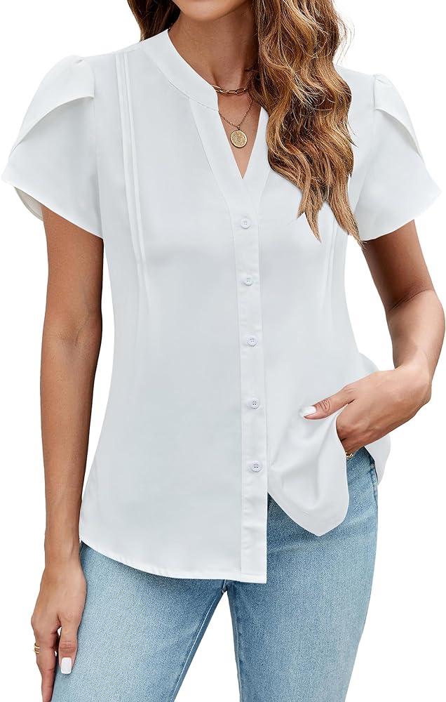 Blooming Jelly Womens Summer Dressy Casual Tops Business Casual Button Down Shirts Work V Neck Short Cap Sleeve Blouse