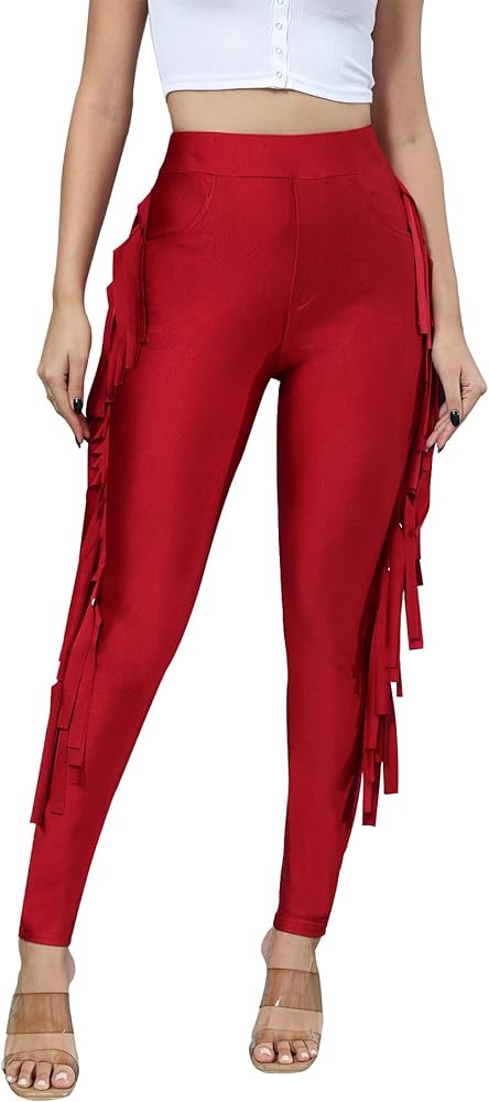 CXXQ High Waisted Pants for Women Stretchy Pull On Skinny Leg Fringe Leggings with Pockets