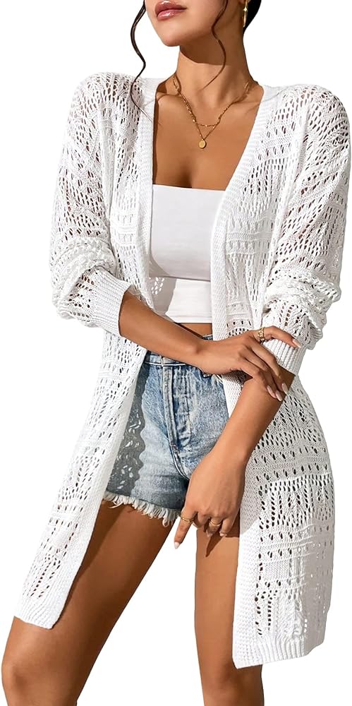 GORGLITTER Women's Crochet Cardigan Sweater Lightweight Open Front Long Sleeve Hollow Out Kimono Summer Cardigan