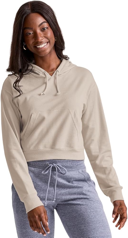 Hanes Originals Womens French Terry Cropped Hoodie, 2XL, Pebblestone, XX-Large