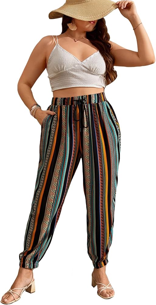 WDIRARA Women's Plus Size High Rise Striped Boho Printed Drawstring Waist Tapered Pants