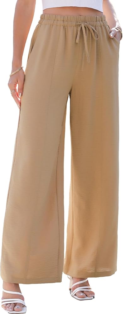 EVALESS Wide Leg Pants for Women Summer Casual Drawstring Elastic High Waisted Pants Comfy Flowy Trousers with 4 Pockets