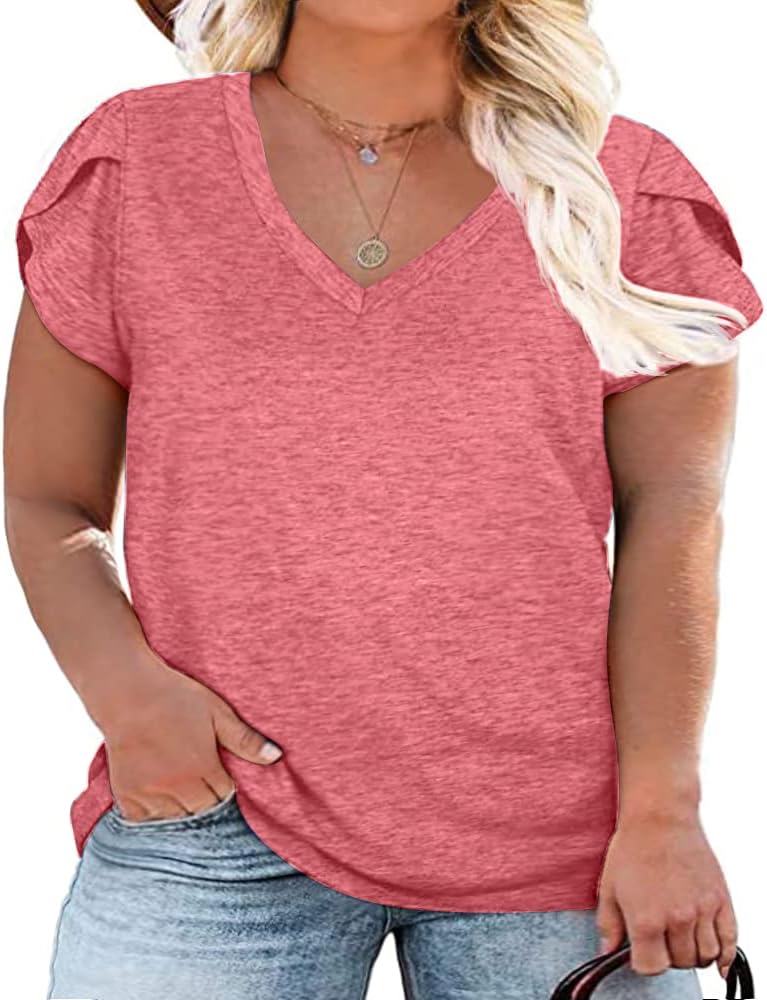 Womens Plus Size Tops V Neck T Shirts Casual Loose Petal Sleeve Tee Shirts