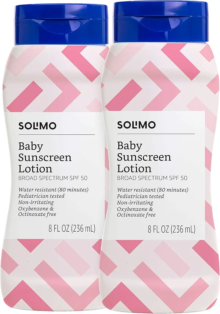 Amazon Brand - Solimo Baby Sunscreen SPF 50, Reef Friendly (Octinoxate & Oxybenzone Free), unscented, 8 fl oz (Pack of 2)