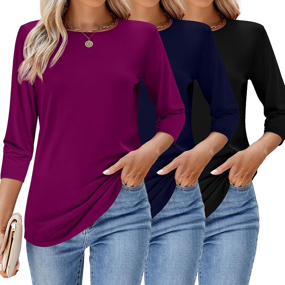 Ficerd 3 Pack 3/4 Length Sleeve Women's Fall Tops 2024 Shirts Casual Basic Tees Crew Neck Curved Hemline Design Blouses