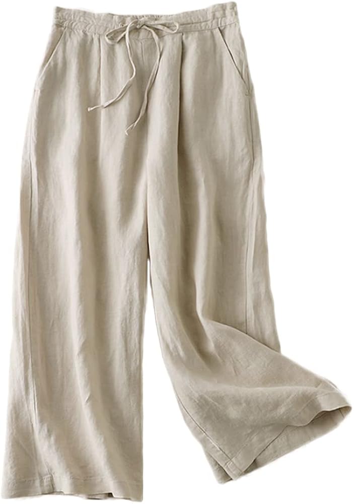 FTCayanz Women's Linen Cropped Wide Leg Pants Elastic Waist Casual Palazzo Trousers with Pockets